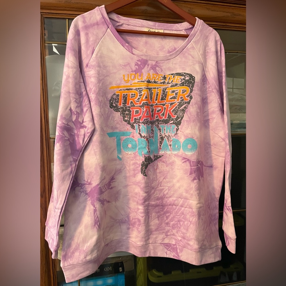 Cheekys 2X Purple Tie-Dye Sweatshirt With Trailer Park And Tornado Print. NWOT
